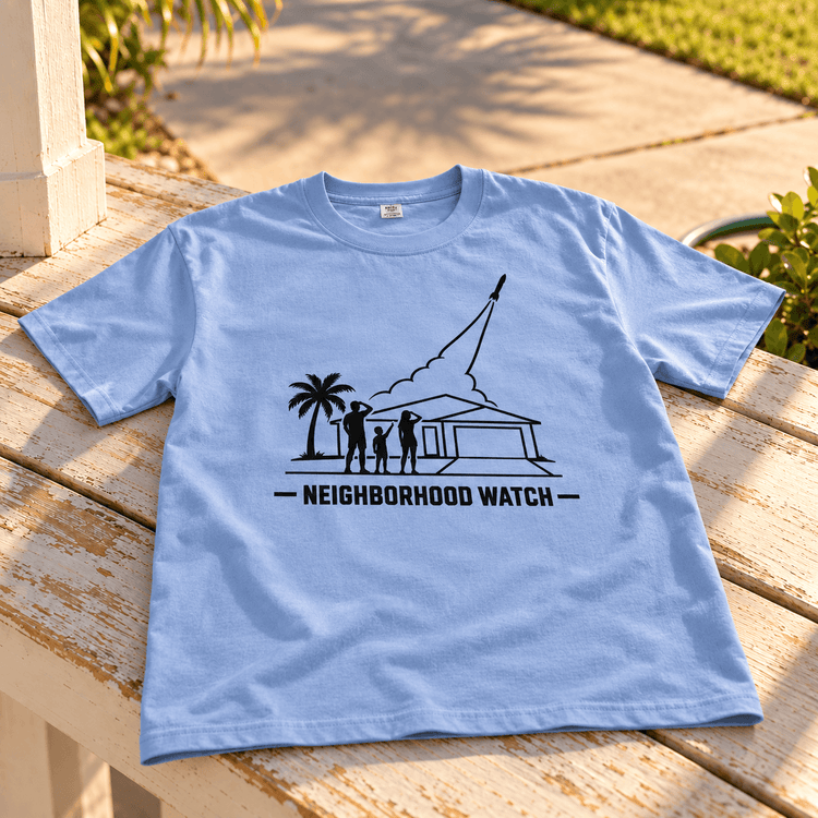 Neighborhood Watch Tee on sunny porch