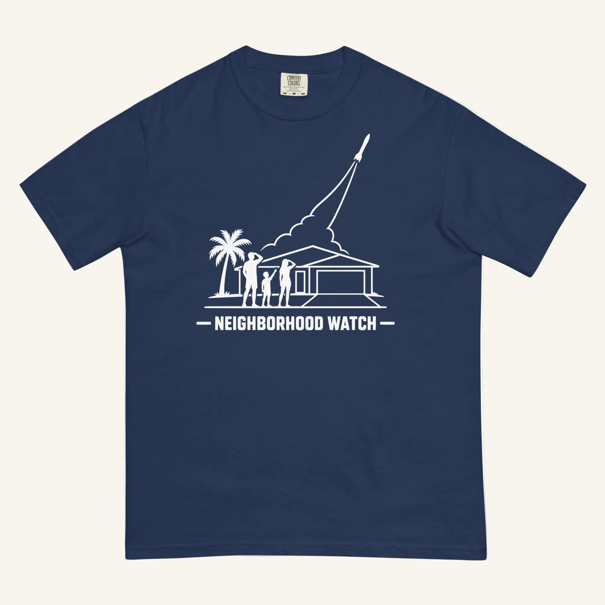 Neighborhood Watch Florida rocket launch t-shirt in true navy