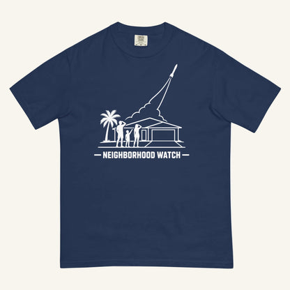 Neighborhood Watch Florida rocket launch t-shirt in true navy