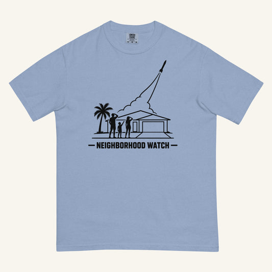 Neighborhood Watch Florida rocket launch t-shirt in washed denim